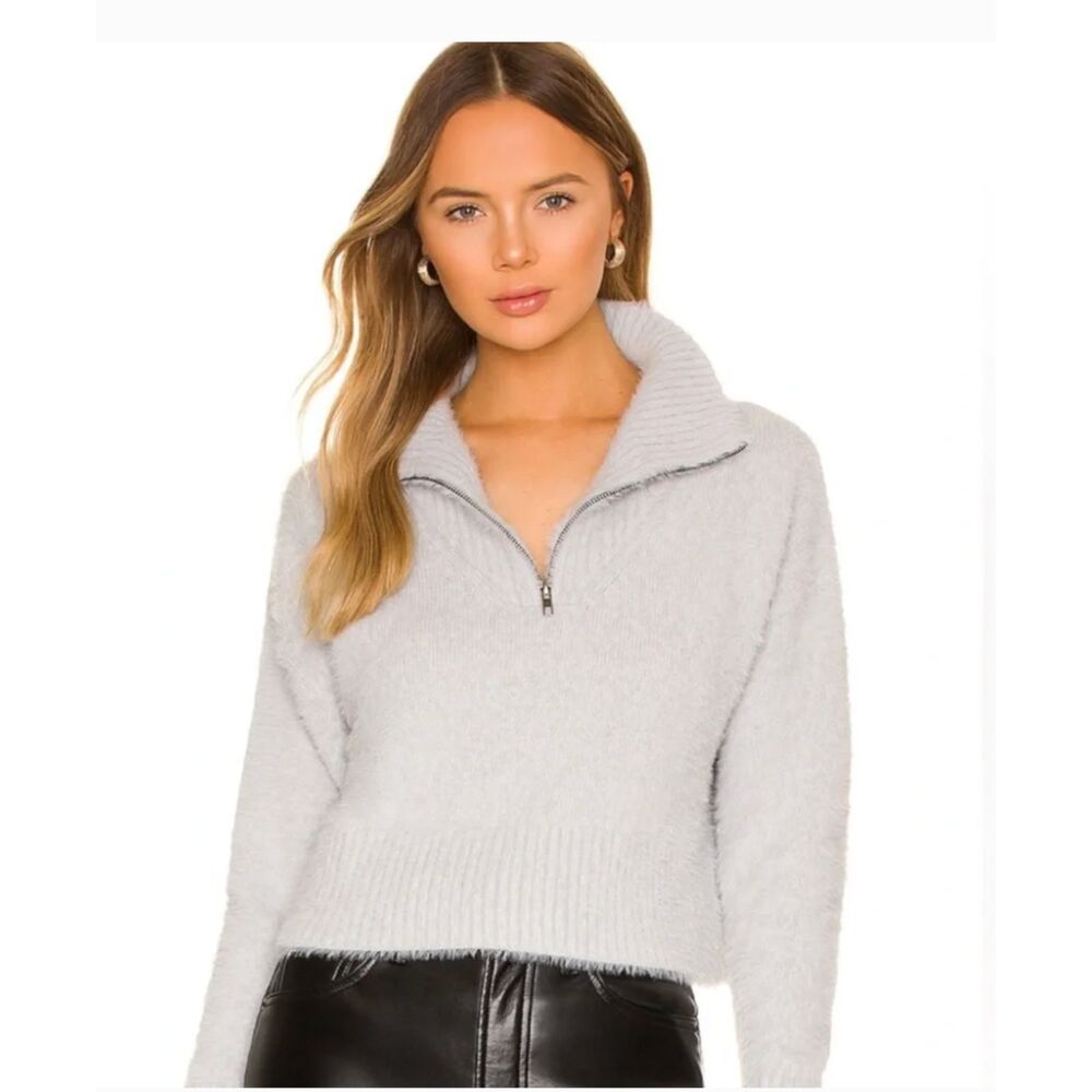Camila Coelho Jaelyn 1/4 Zip Fuzzy Pullover Sweater - Gray